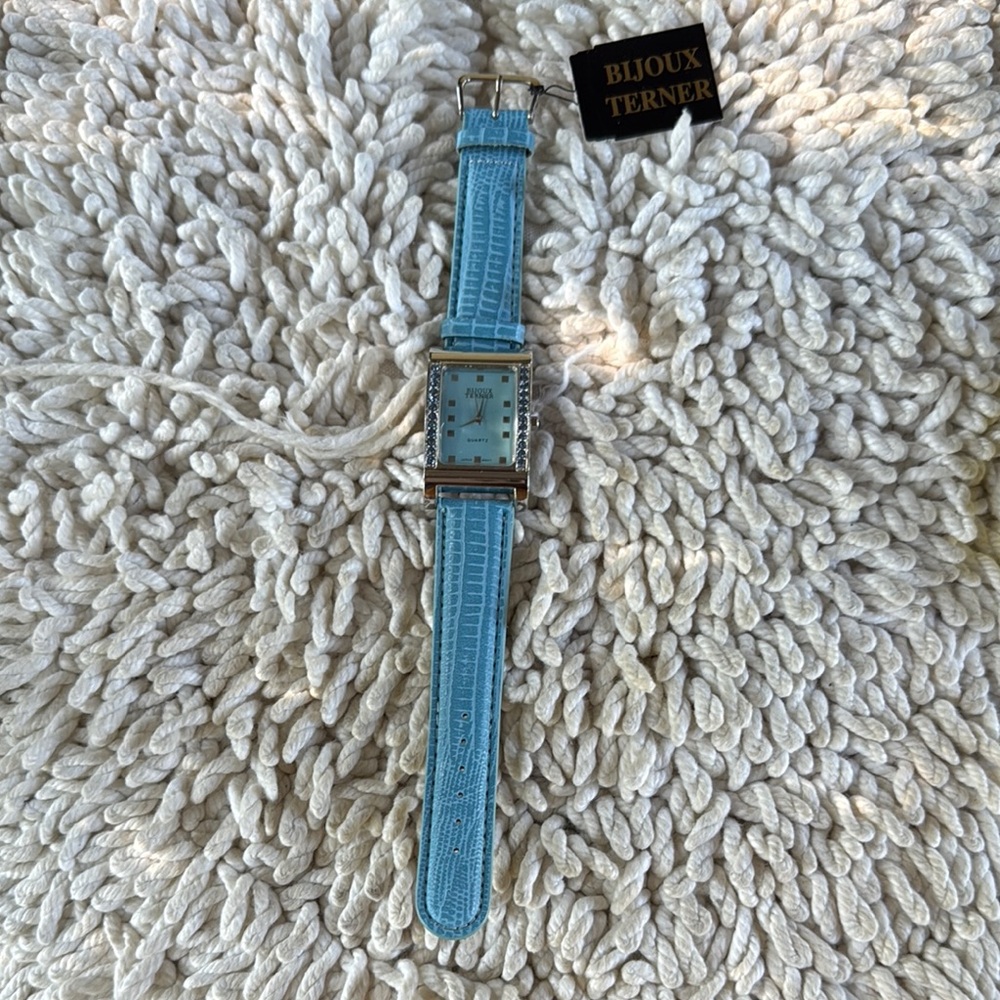 New BIJOUX TERNER Blue Silver Blue Tint Crystal Frame Leather Watch - Picture 1 of 10